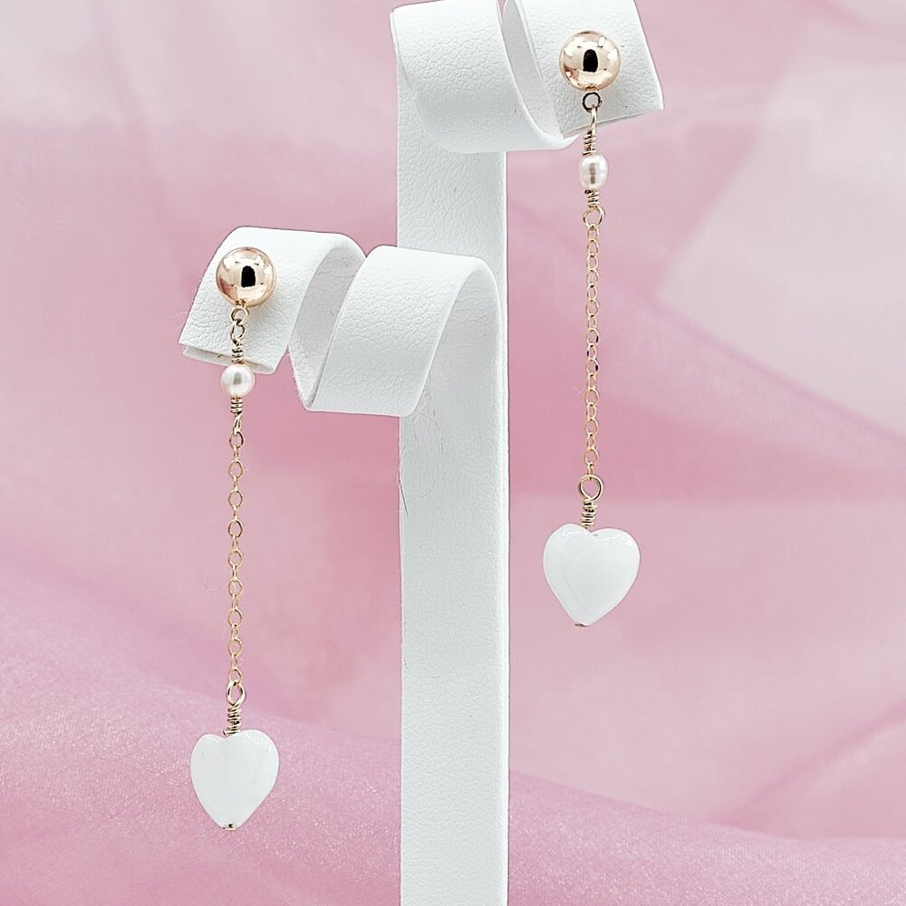 Jade Heart Dangle Earrings, 14K Gold Filled Ball Post Stud Earrings